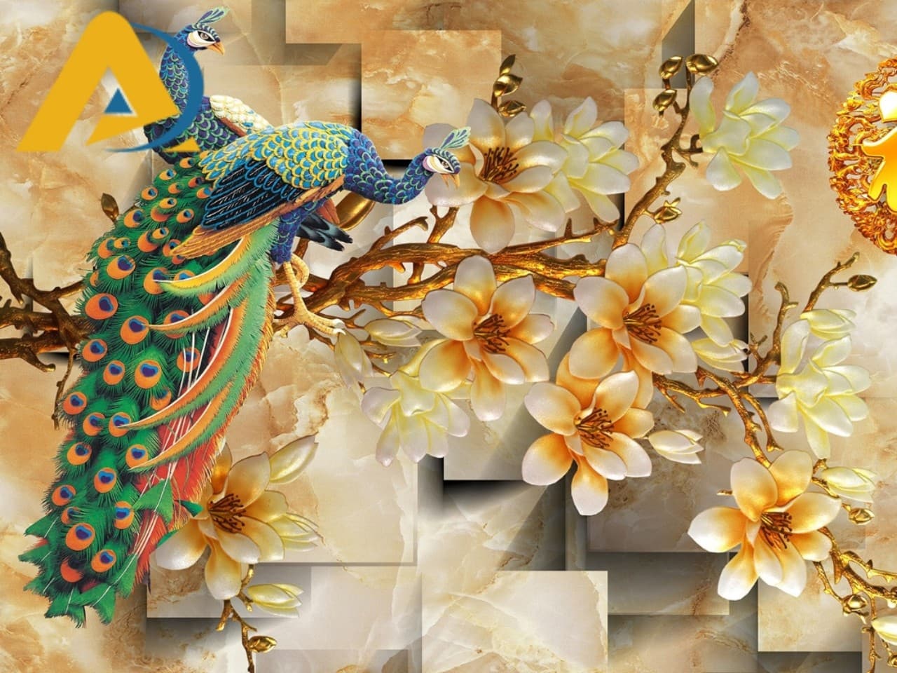 Tranh dán tường chim công hoa ngọc