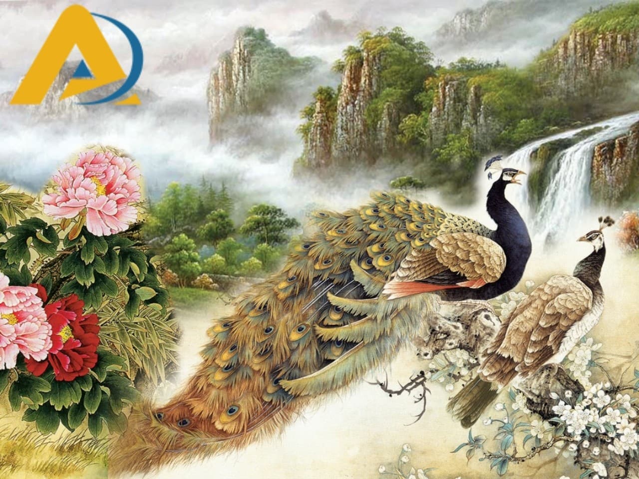 Tranh dán tường chim công sơn thuỷ
