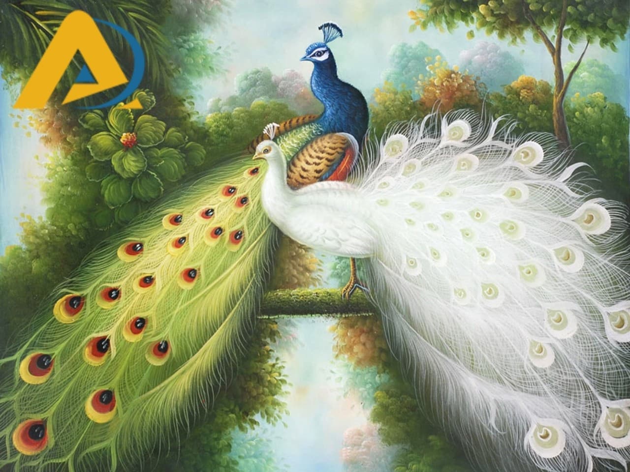 Tranh dán tường chim công trắng
