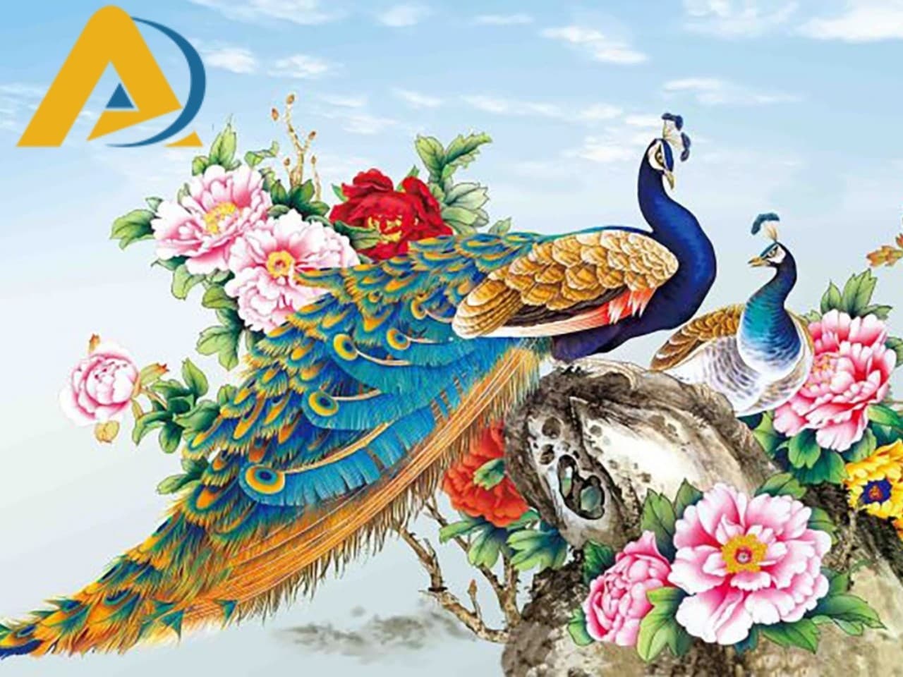 Tranh dán tường chim công mẫu đơn