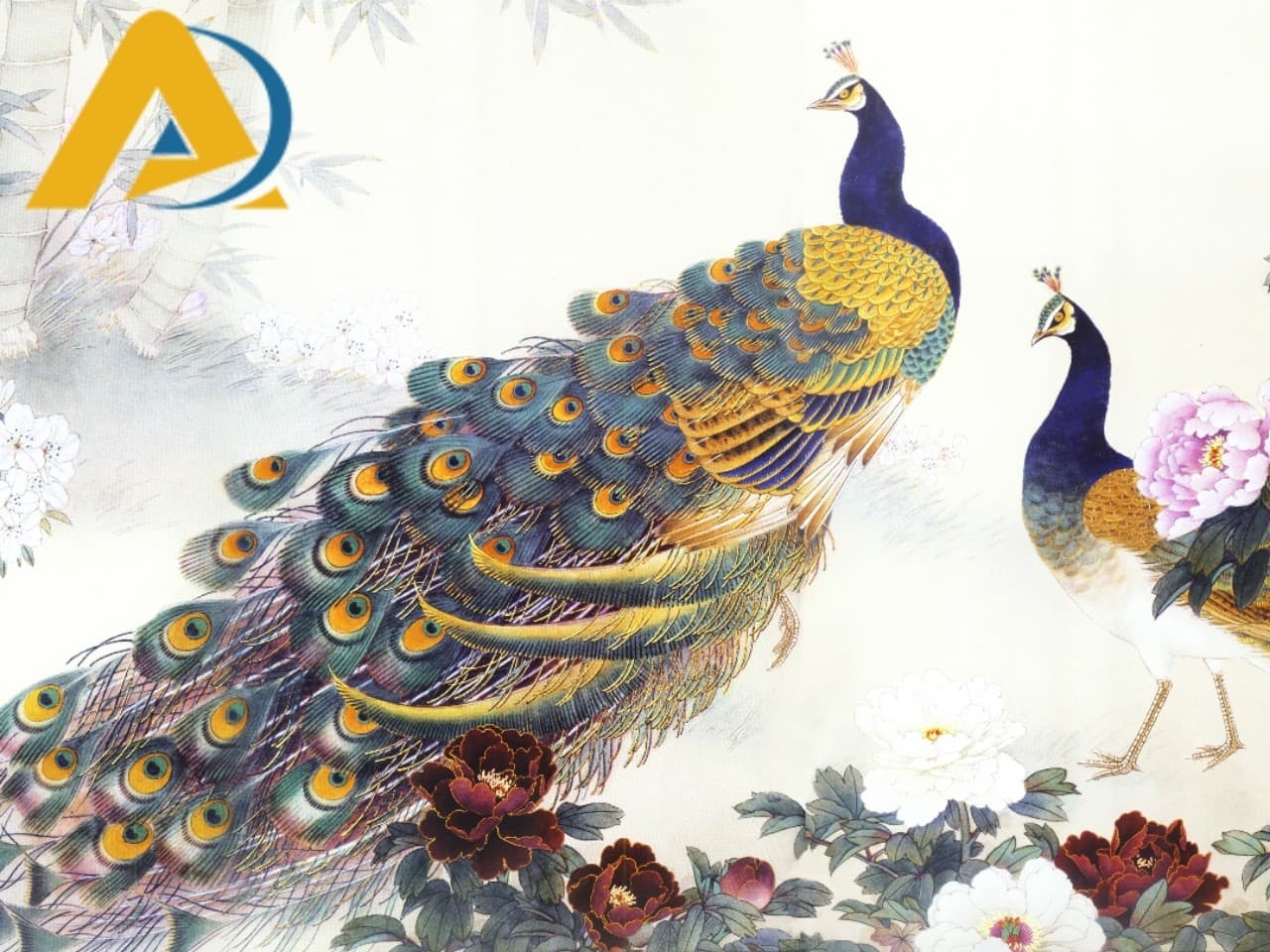 Tranh dán tường chim công mẫu đơn
