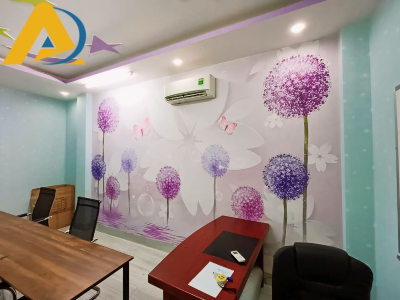 Tranh dán tường văn phòng hoa 3D