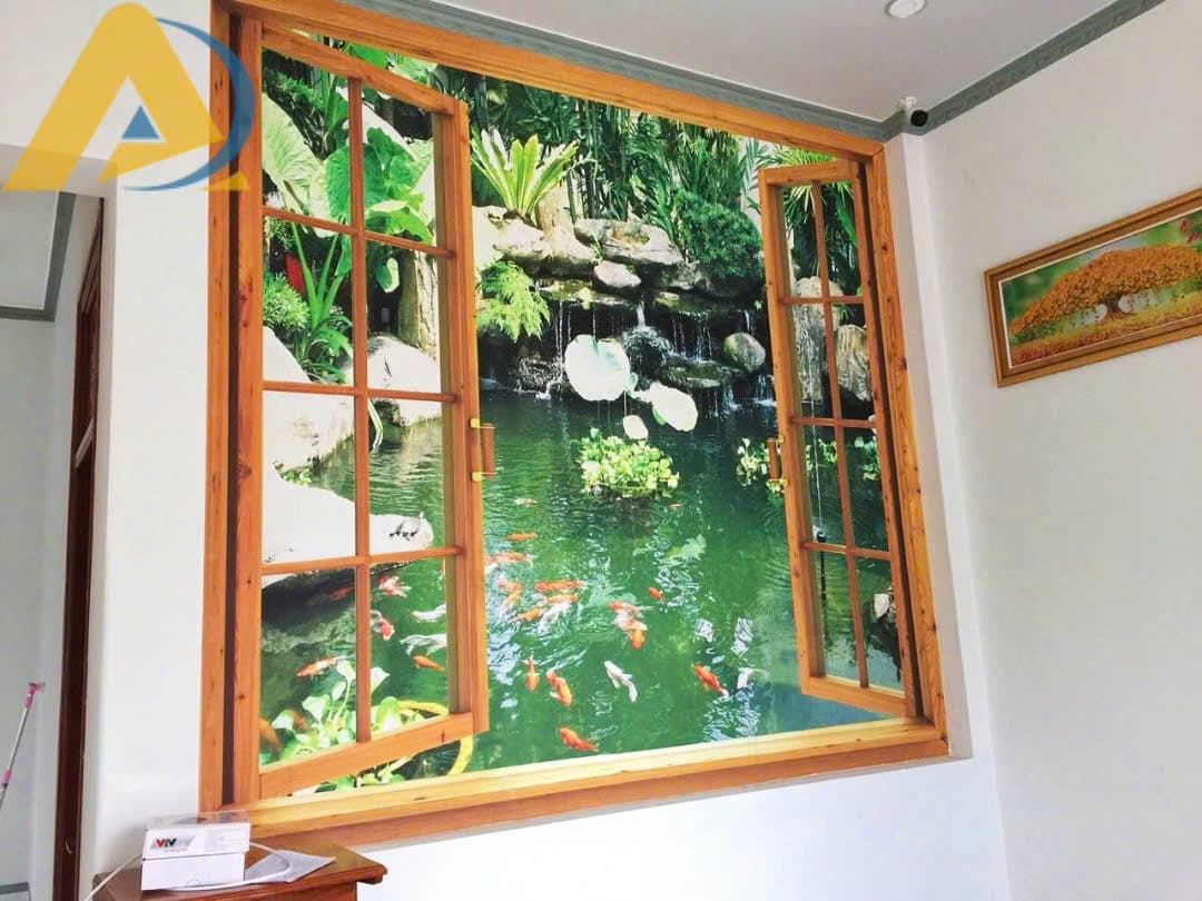 Tranh dán tường khung cửa sổ hồ cá