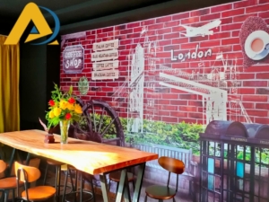 Mẫu tranh dán tường 3D quán cafe giả gạch 