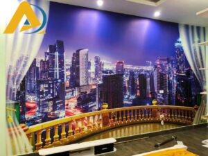 Tranh dán tường phòng khách ban công cảnh đêm